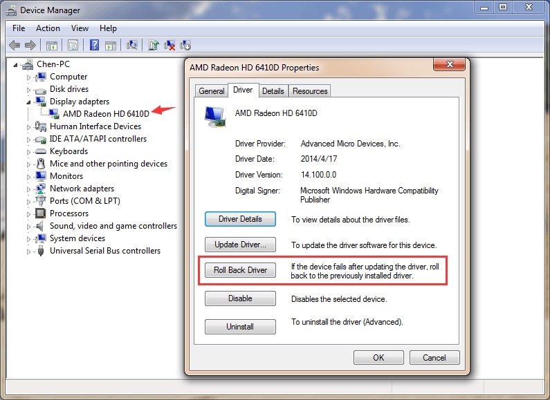 selecting the roll back driver tab in device manager